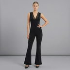 V-Neck Jumpsuit with Lace Trim & Flared Legs – Retro Fitted Jumpsuit