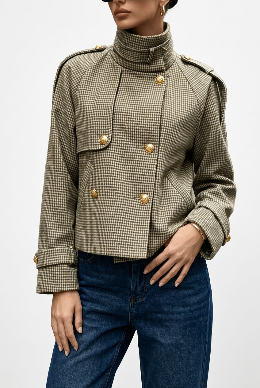 Women's Elegant Cropped Jacket with High Stand Collar and Classic Printed