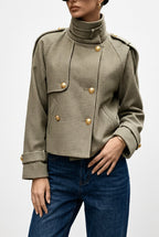 Women's Elegant Cropped Jacket with High Stand Collar and Classic Printed