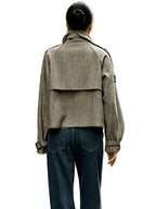 Women's Elegant Cropped Jacket with High Stand Collar and Classic Printed