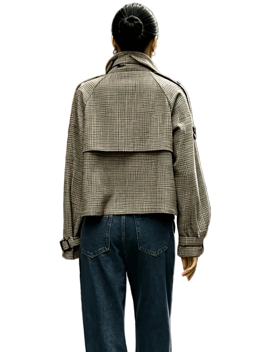 Women's Elegant Cropped Jacket with High Stand Collar and Classic Printed