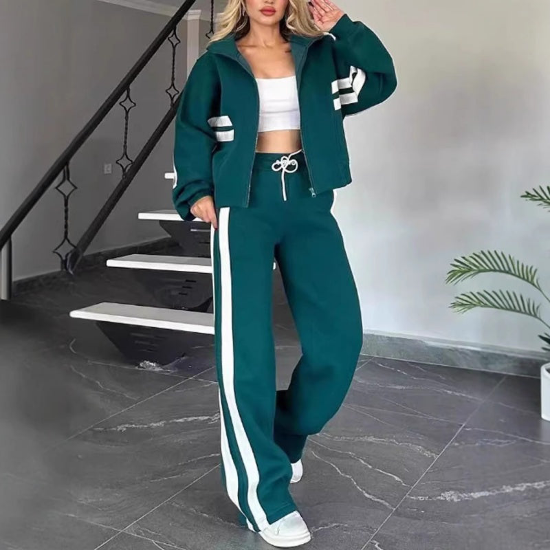 Women's Relaxed Zip-Up Track Jacket and Wide Leg Trouser Set