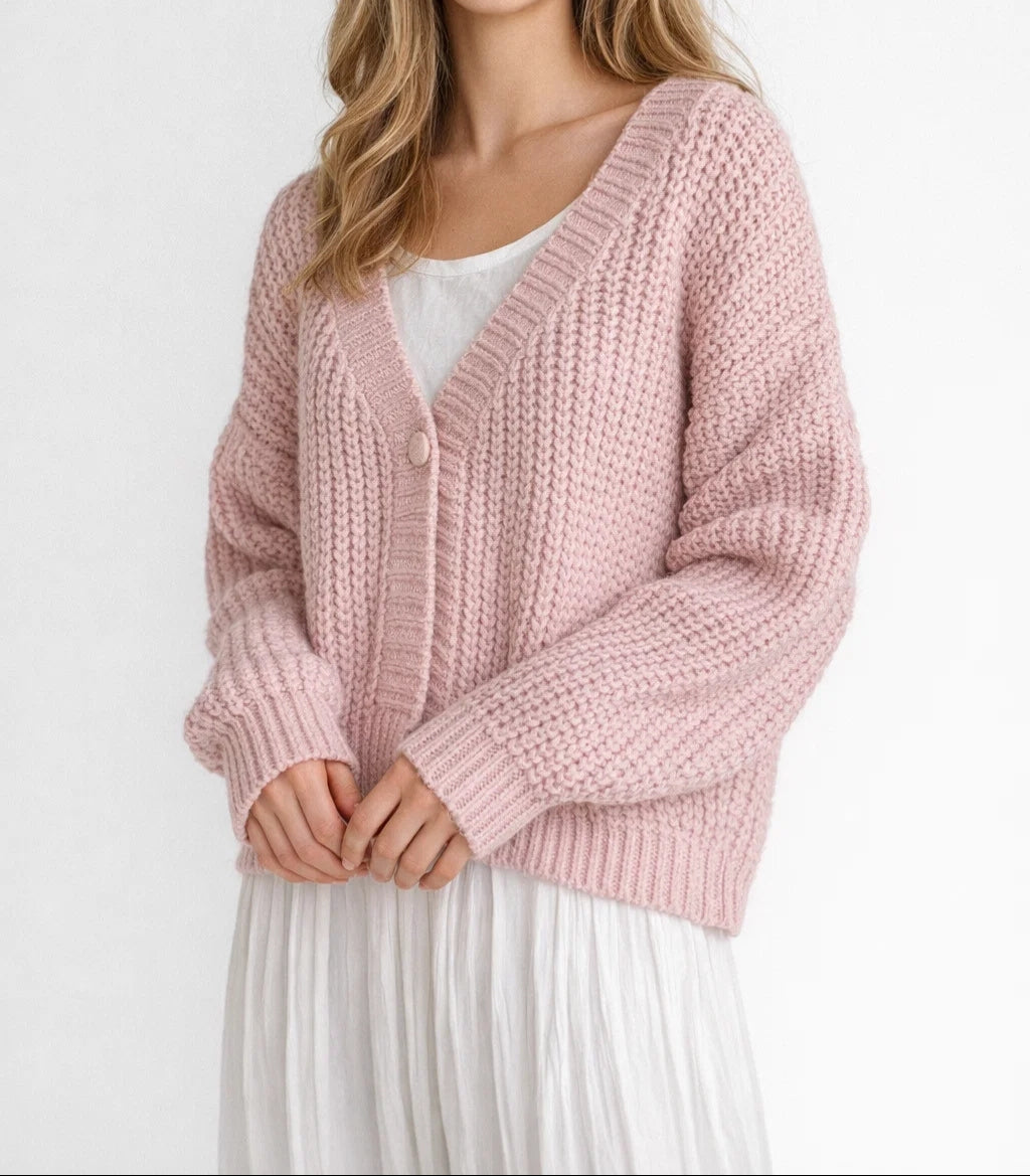 Women's Chunky Textured Knit Cardigan with V-Neck and Button Front