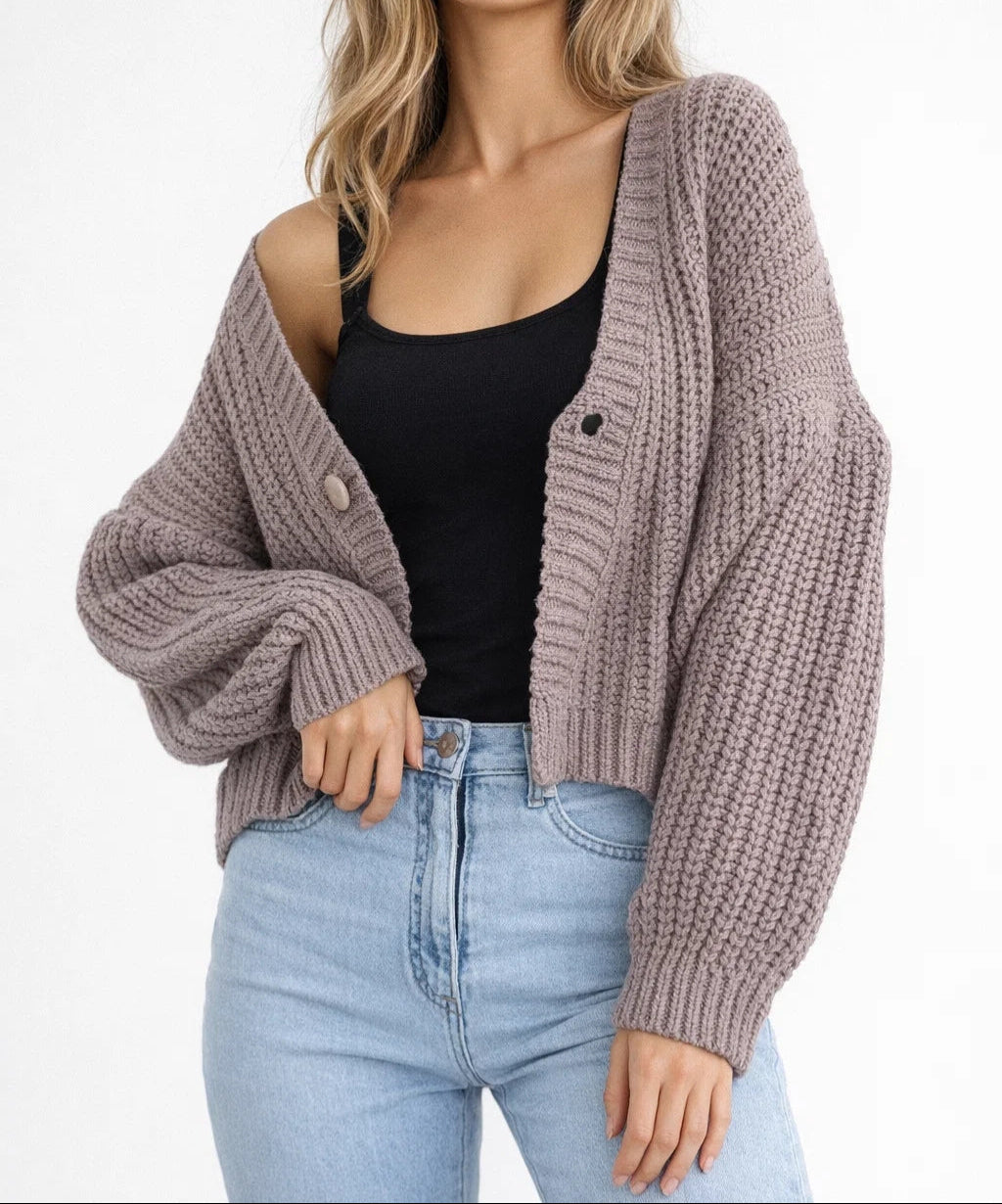 Women's Chunky Textured Knit Cardigan with V-Neck and Button Front