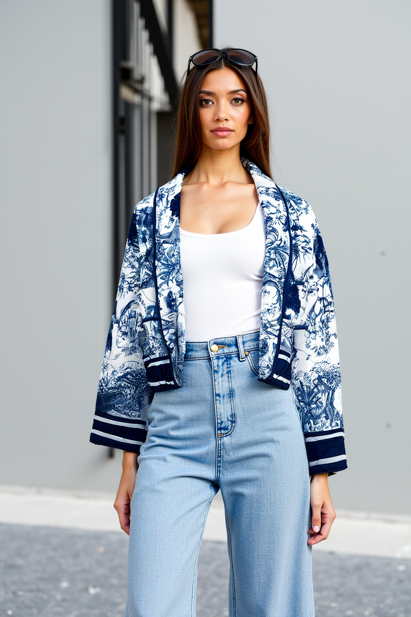 Floral Print Quilted Jacket in Blue – Artistic Design