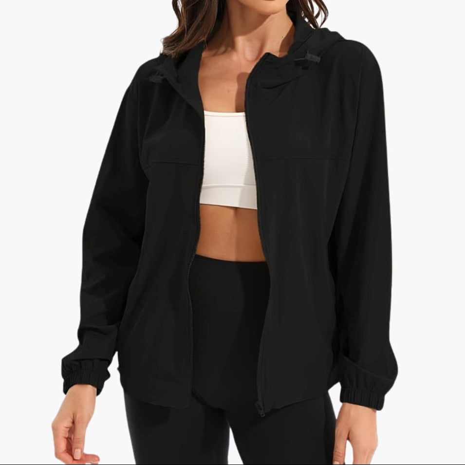 Women's Lightweight Hooded Zip-Up Sports Jacket with Adjustable Drawcords