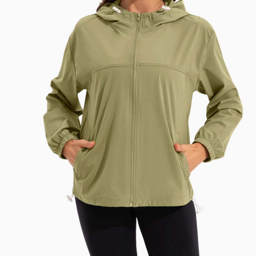 Women's Lightweight Hooded Zip-Up Sports Jacket with Adjustable Drawcords