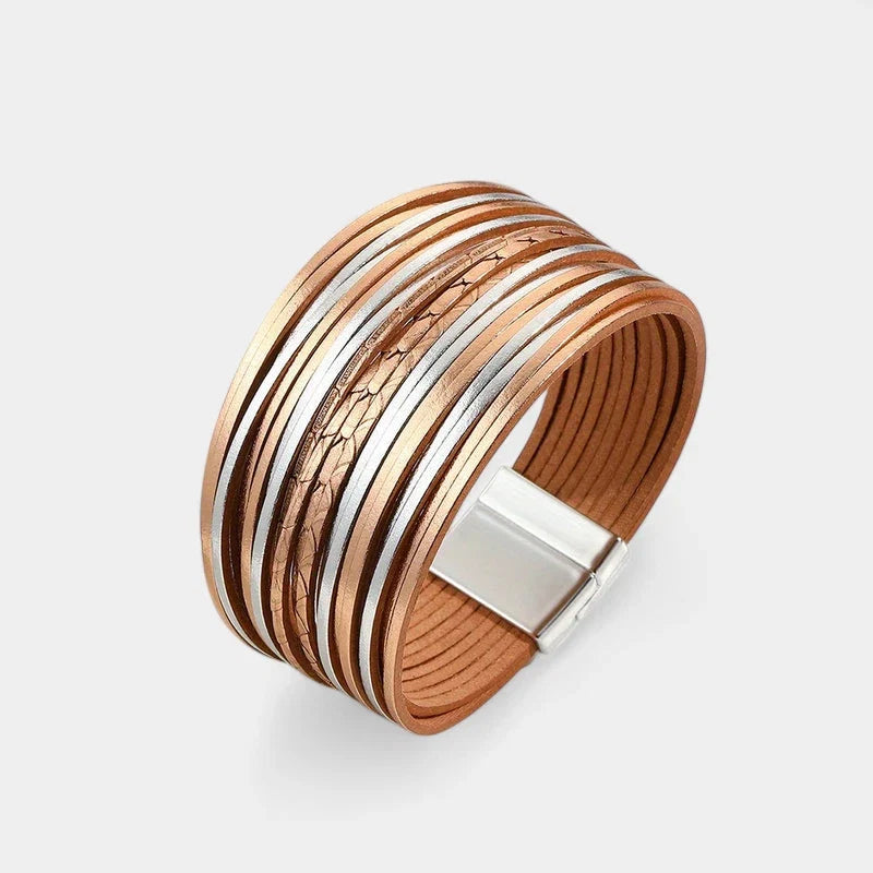 Boho Vintage Wide Cuff Bracelet – Multi-Layer Faux Leather Wrap with Magnetic Clasp