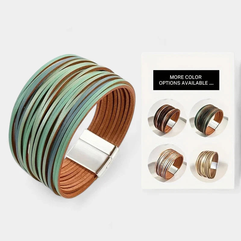Boho Vintage Wide Cuff Bracelet – Multi-Layer Faux Leather Wrap with Magnetic Clasp