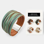 Boho Vintage Wide Cuff Bracelet – Multi-Layer Faux Leather Wrap with Magnetic Clasp