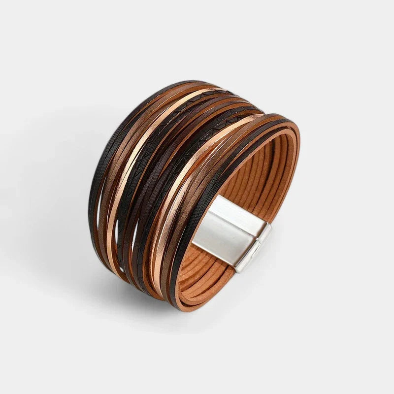 Boho Vintage Wide Cuff Bracelet – Multi-Layer Faux Leather Wrap with Magnetic Clasp