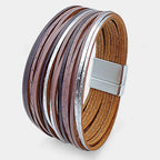 Boho Vintage Wide Cuff Bracelet – Multi-Layer Faux Leather Wrap with Magnetic Clasp