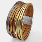 Boho Vintage Wide Cuff Bracelet – Multi-Layer Faux Leather Wrap with Magnetic Clasp