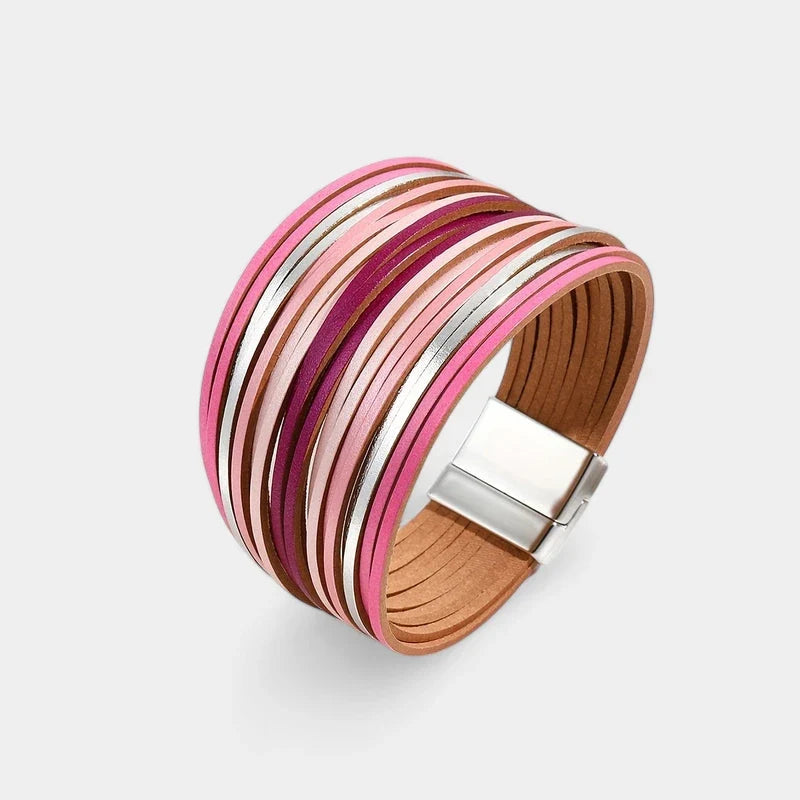 Boho Vintage Wide Cuff Bracelet – Multi-Layer Faux Leather Wrap with Magnetic Clasp