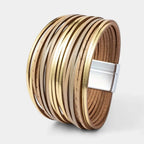 Boho Vintage Wide Cuff Bracelet – Multi-Layer Faux Leather Wrap with Magnetic Clasp