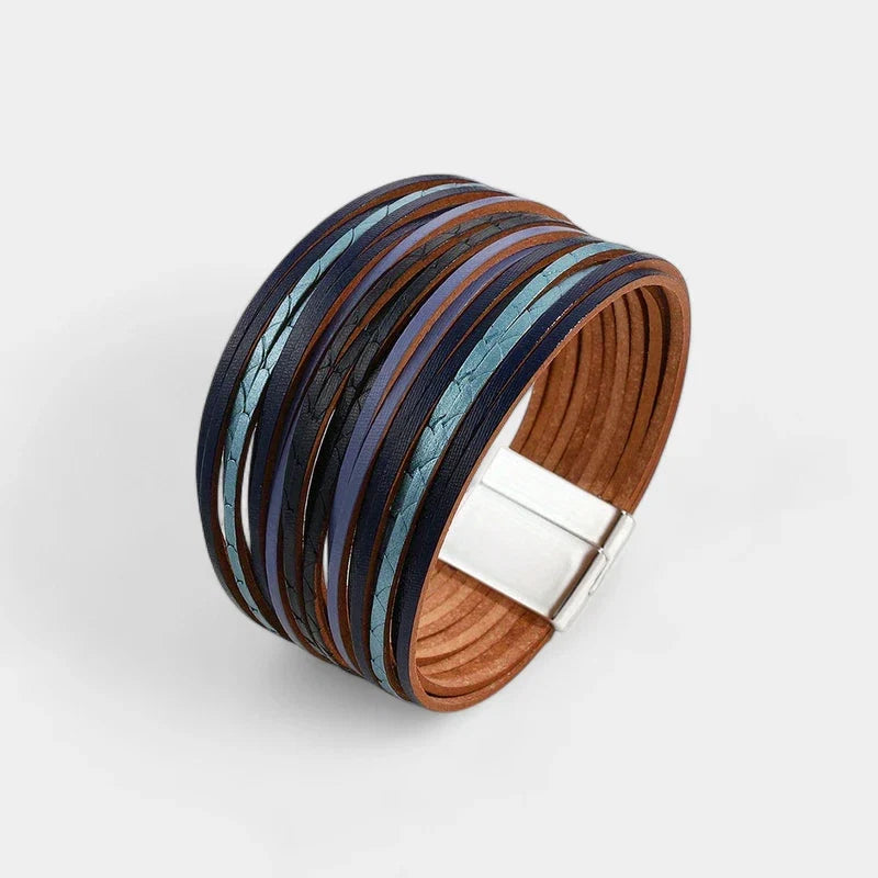 Boho Vintage Wide Cuff Bracelet – Multi-Layer Faux Leather Wrap with Magnetic Clasp