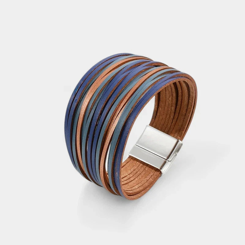 Boho Vintage Wide Cuff Bracelet – Multi-Layer Faux Leather Wrap with Magnetic Clasp