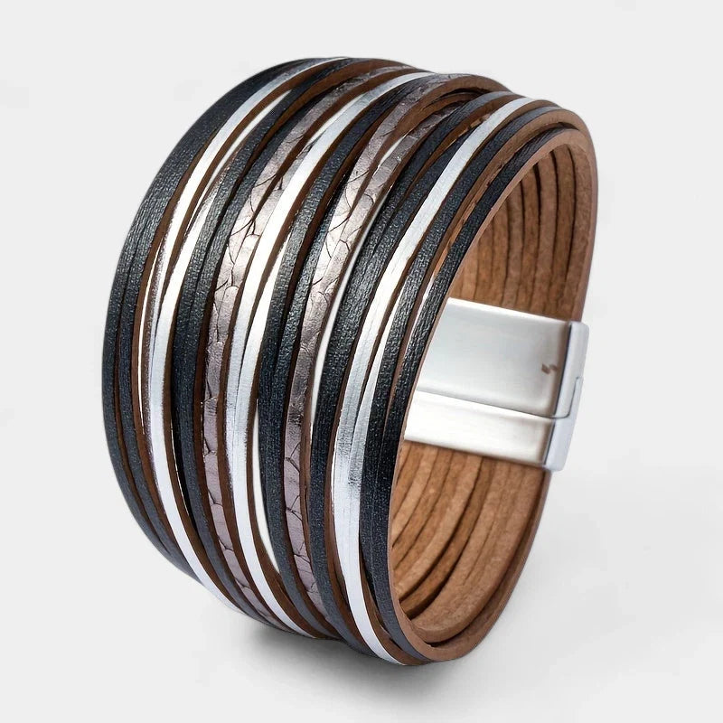 Boho Vintage Wide Cuff Bracelet – Multi-Layer Faux Leather Wrap with Magnetic Clasp