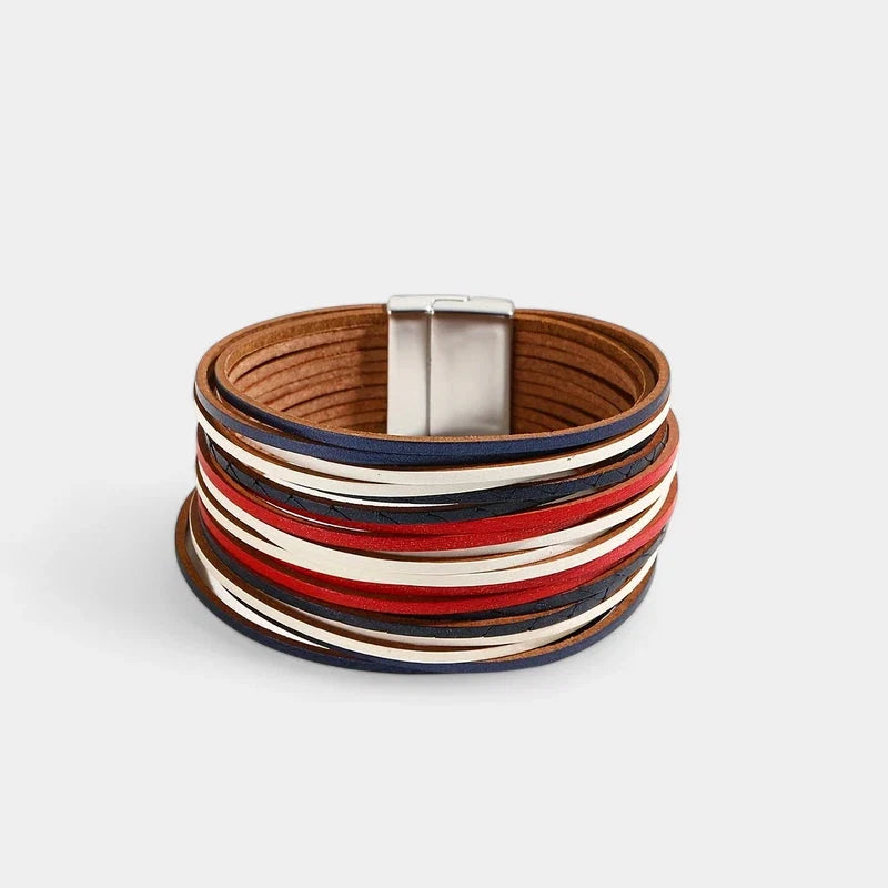 Boho Vintage Wide Cuff Bracelet – Multi-Layer Faux Leather Wrap with Magnetic Clasp