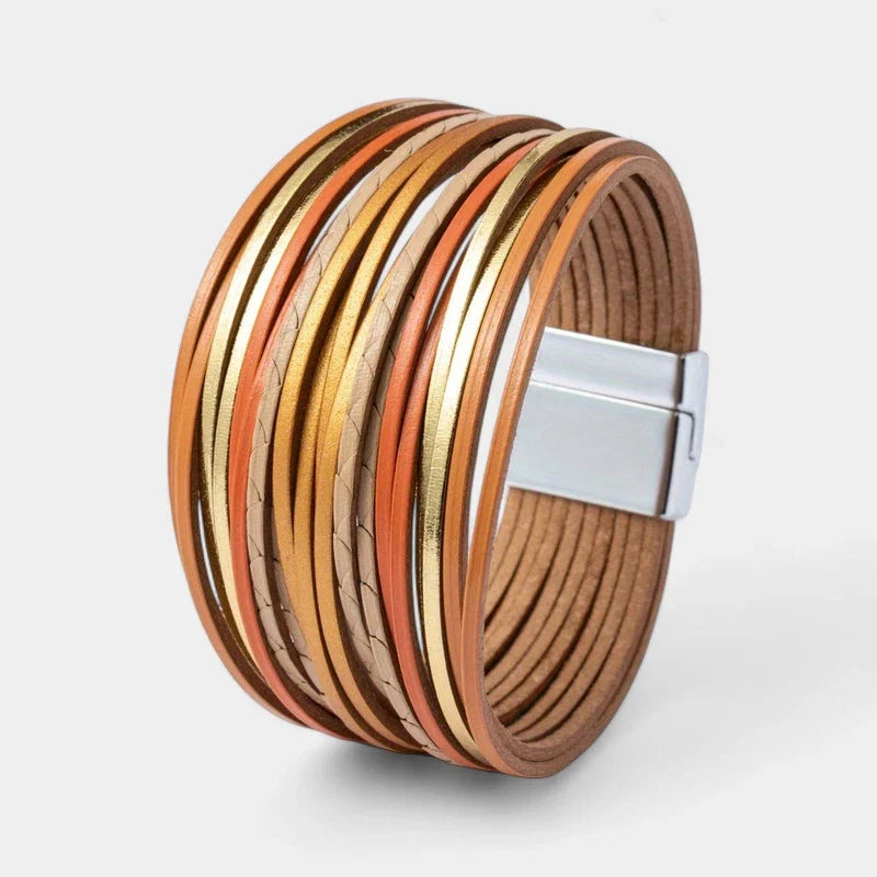 Boho Vintage Wide Cuff Bracelet – Multi-Layer Faux Leather Wrap with Magnetic Clasp