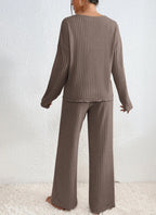 Ribbed Knit Two-Piece Set – V-Neck Top and Trousers