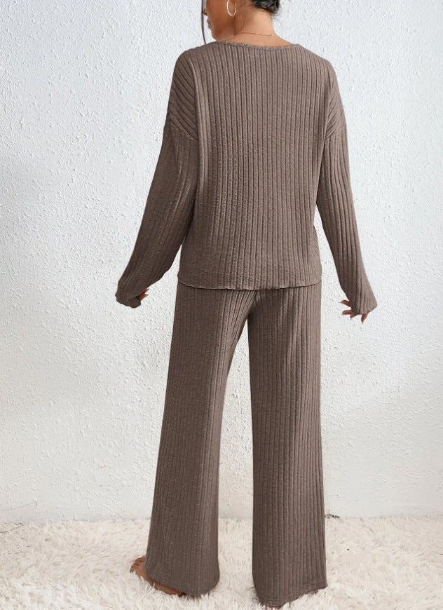 Ribbed Knit Two-Piece Set – V-Neck Top and Trousers