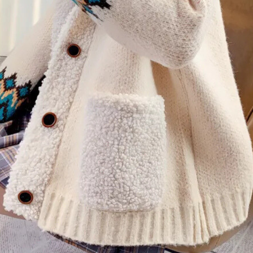 Nordic Knit Cardigan with Fleece Collar & Buttons