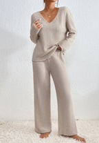 Ribbed Knit Two-Piece Set – V-Neck Top and Trousers