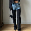 Two-Tone Patchwork Jeans - High-Waist Slim Straight Denim