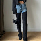 Two-Tone Patchwork Jeans - High-Waist Slim Straight Denim