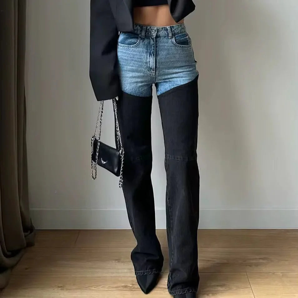 Two-Tone Patchwork Jeans - High-Waist Slim Straight Denim