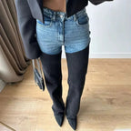 Two-Tone Patchwork Jeans - High-Waist Slim Straight Denim