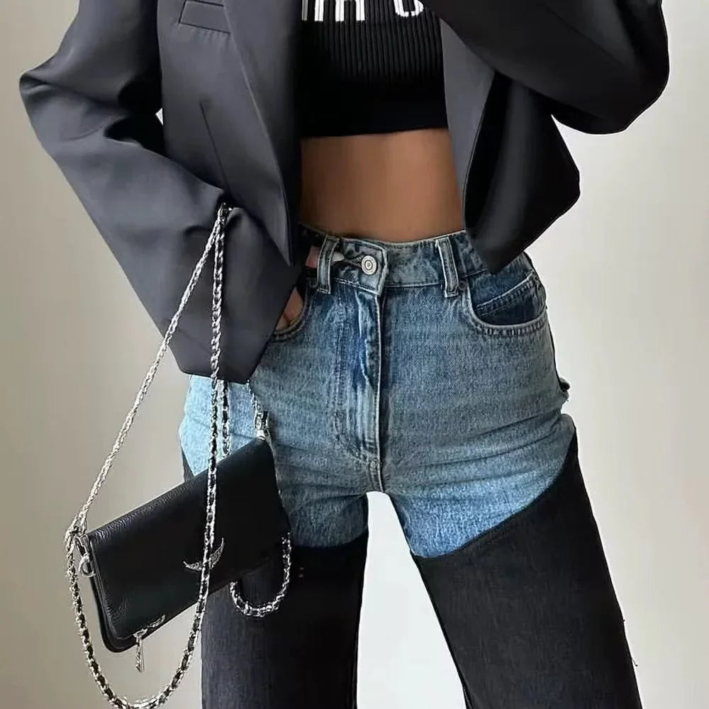 Two-Tone Patchwork Jeans - High-Waist Slim Straight Denim