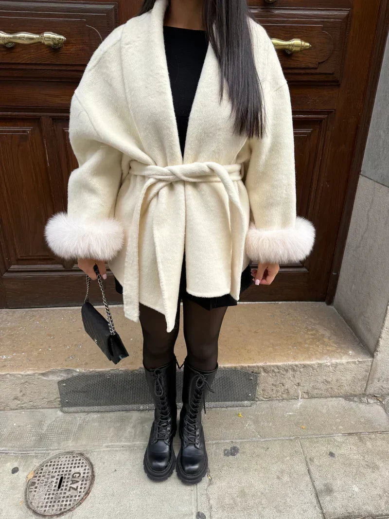Women's Belted wool-blend Wrap Coat with faux fur-Trimmed Cuffs
