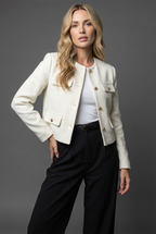 Tweed Cropped Blazer Jacket - Round Neck Smart Occasion Wear | Meave & Ivy