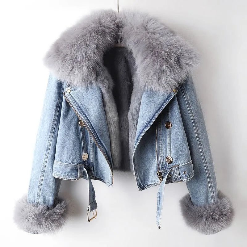 Women's Cropped Denim Jacket with Plush faux fur Collar and Cuffs