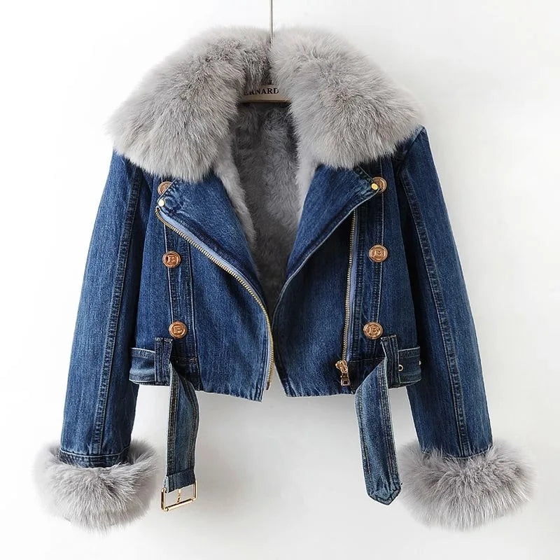 Women's Cropped Denim Jacket with Plush faux fur Collar and Cuffs