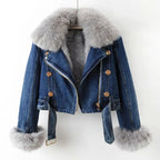 Women's Cropped Denim Jacket with Plush faux fur Collar and Cuffs