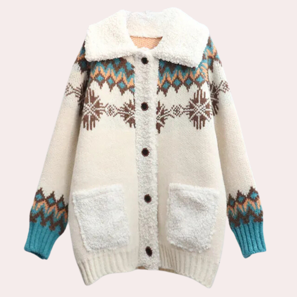 Nordic Knit Cardigan with Fleece Collar & Buttons