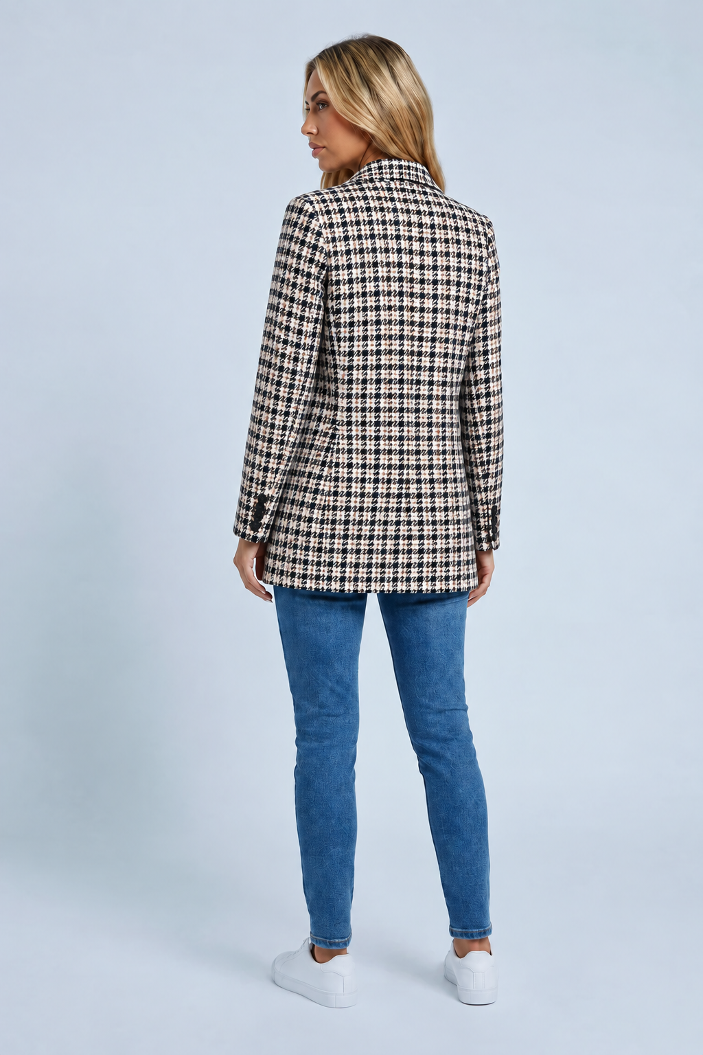 Longline Double-Breasted Check Blazer