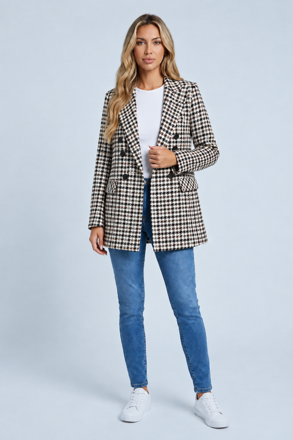 Longline Double-Breasted Check Blazer