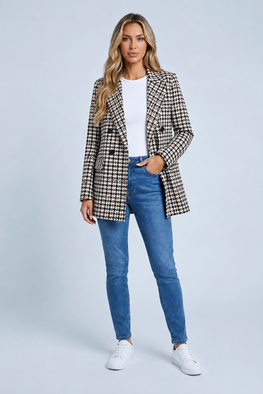 Longline Double-Breasted Check Blazer
