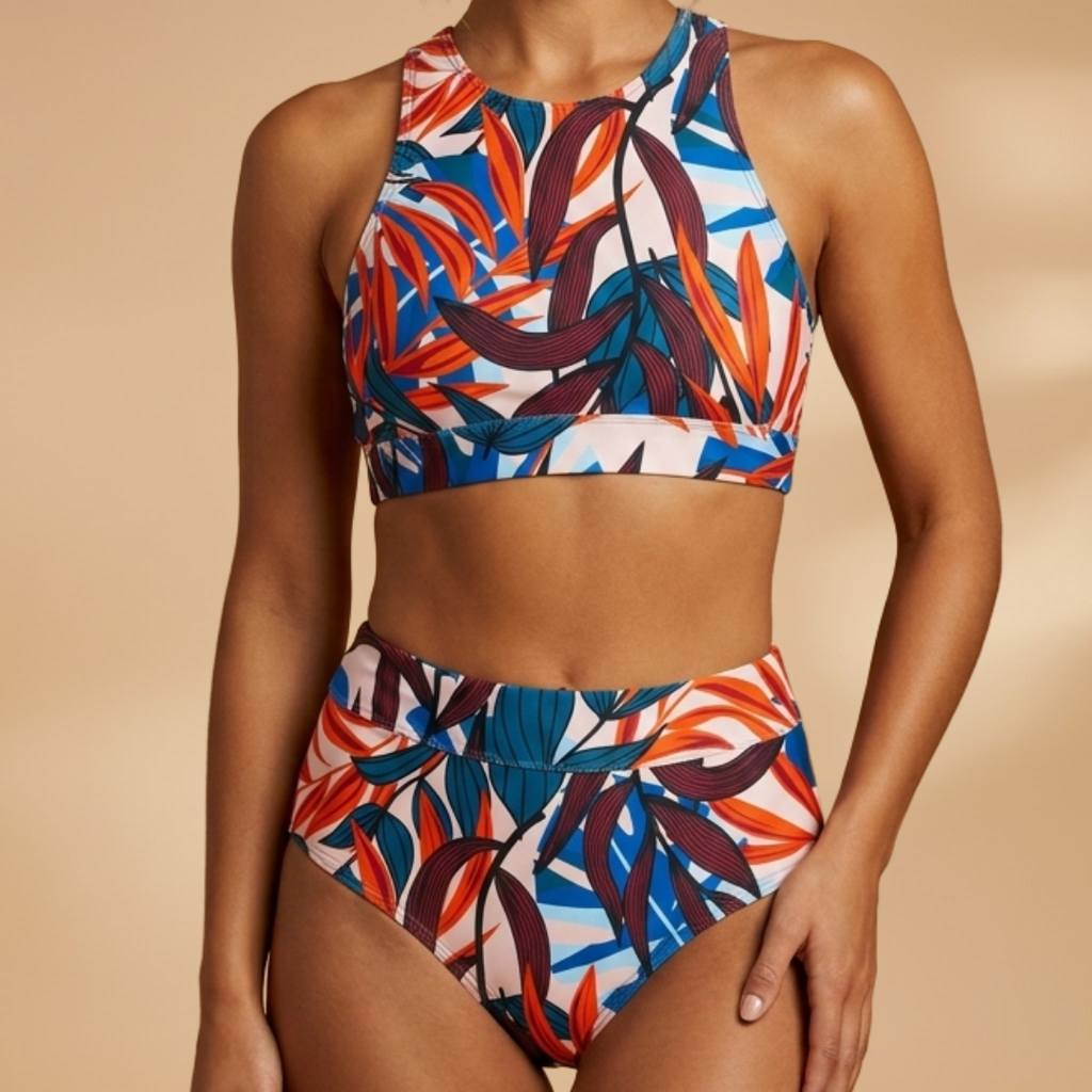 Tropical Print High-Neck Bikini Set - High-Waist Two-Piece Swimwear | Meave & Ivy