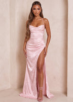 Satin Bodycon Gown with Lace-Up Back and Split