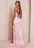 Satin Bodycon Gown with Lace-Up Back and Split