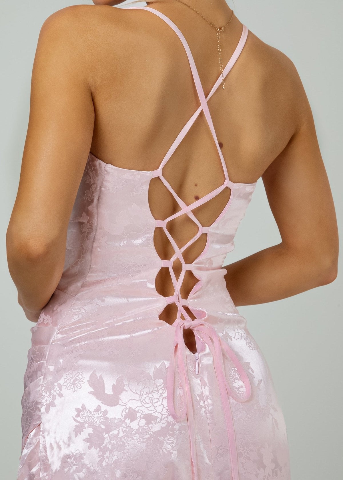 Satin Bodycon Gown with Lace-Up Back and Split
