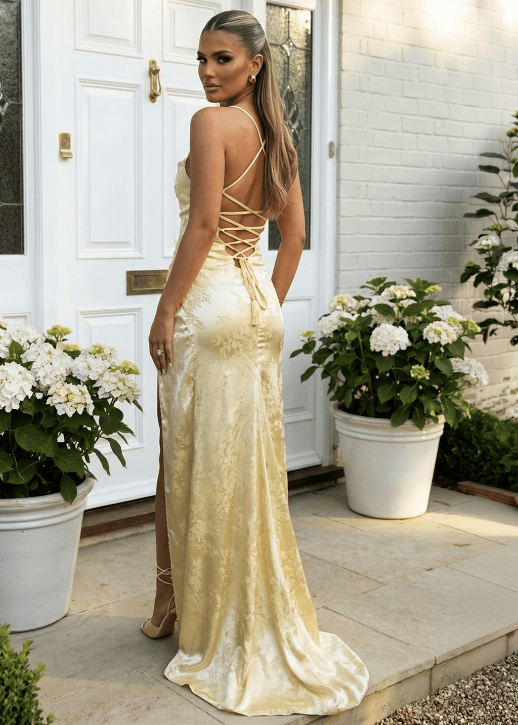 Satin Bodycon Gown with Lace-Up Back and Split
