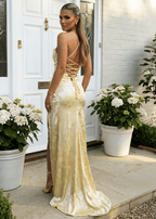 Satin Bodycon Gown with Lace-Up Back and Split