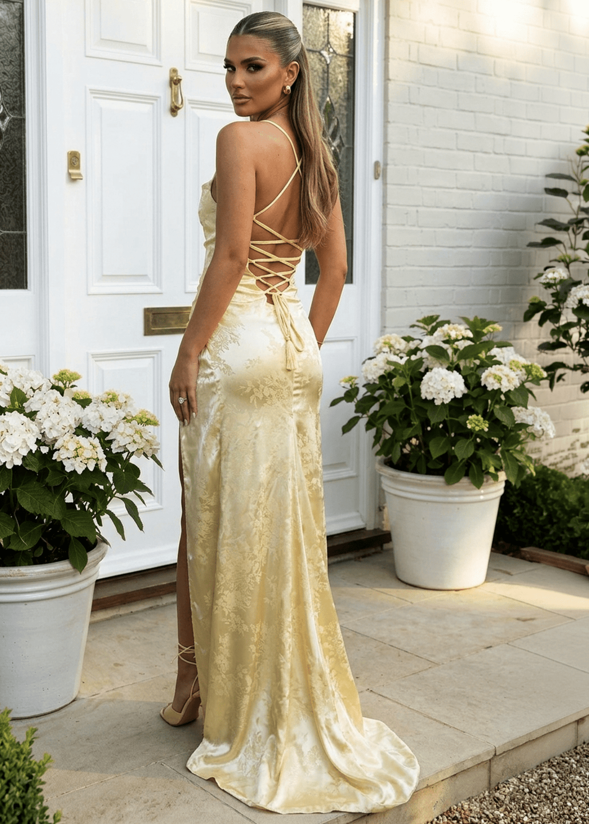 Satin Bodycon Gown with Lace-Up Back and Split