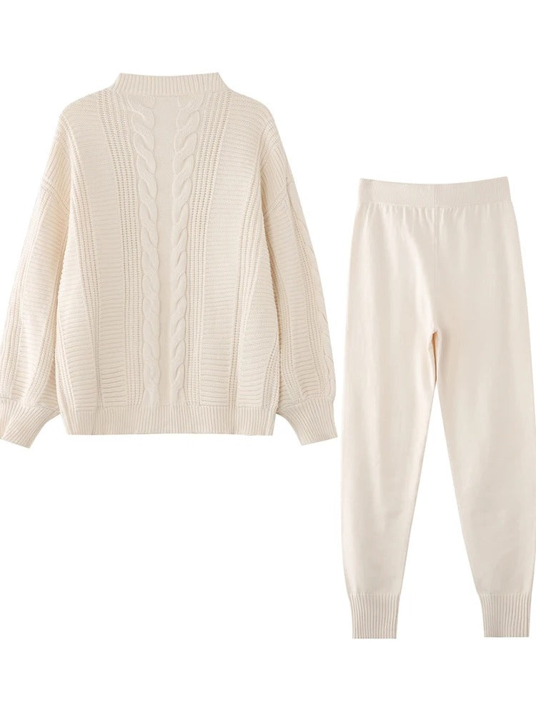Women's Cable Knit Button-Up Cardigan and Drawstring Jogger Trousers Set